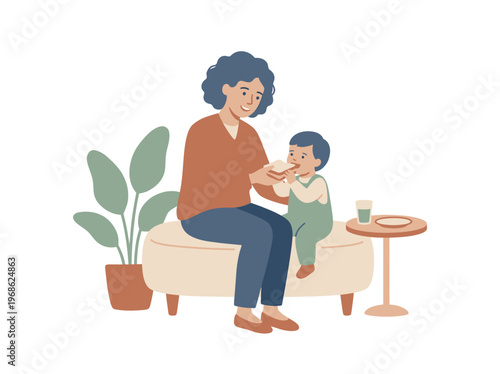 Loving mother gently feeds her adorable toddler, sharing a tender moment of care and nourishment at home, symbolizing family bonding and maternal love and everyday routine