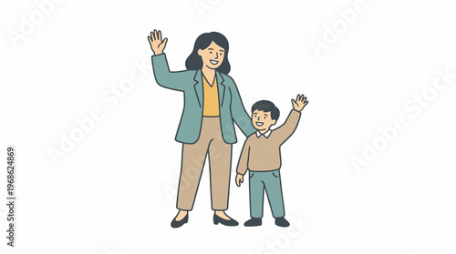 A heartwarming illustration of a cheerful mother and her young son waving enthusiastically, symbolizing family connection and friendly salutations