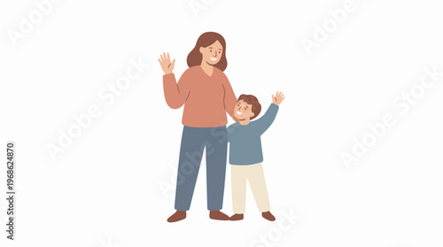 Joyful mother and child standing together, cheerfully waving their hands in a heartwarming display of family connection, happiness, and affectionate interaction