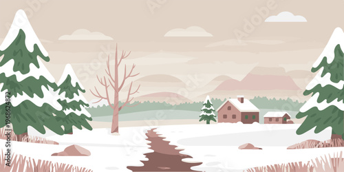 Winter landscape illustration with cozy house in snowy forest mountains and frozen river under overcast sky in flat vector style.