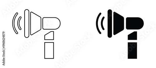 Vector illustration of two microphone icons, one black and one outlined, for use in audio, sound, music, or podcast related projects