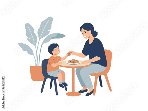 Loving mother gently feeds her young son at a cozy table, sharing a heartwarming moment of maternal care and connection, emphasizing family bonding and childhood joy