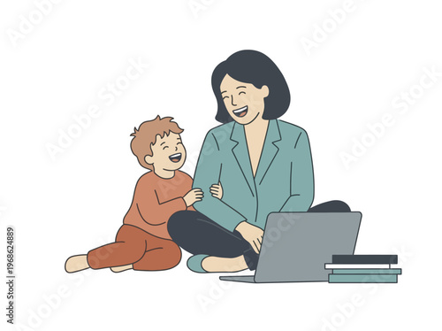 Tableau sur toile Cheerful illustration of a mother finding joy and balance in remote work, sharin