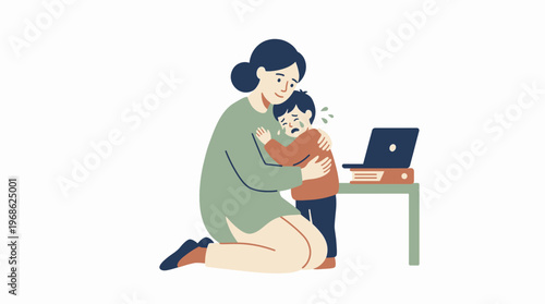 Illustration of a loving mother comforting her crying child next to a laptop, addressing a moment of childhood distress and parental support in the modern digital age, highlighting family