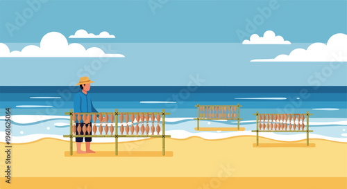 A fisherman drying fish on wooden racks along a sandy beach under sunny skies