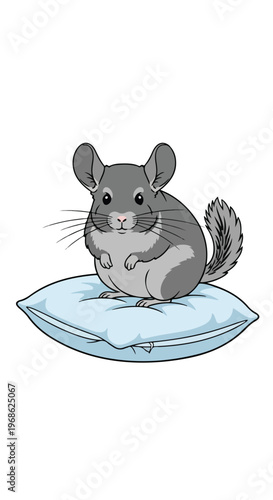 A cute cartoon chinchilla with soft gray fur sitting on a light blue cushion