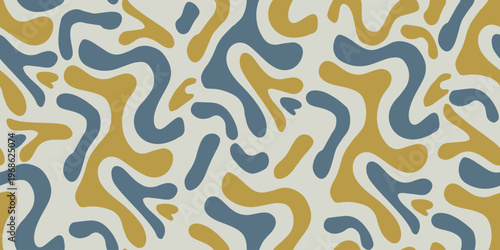Seamless abstract minimalist pattern with organic shapes in blue and mustard colors. Smooth shapes create modern clean design for textiles and decor.