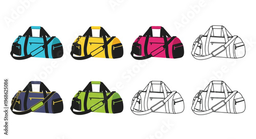 Colorful duffel bags in various designs displayed in a grid arrangement