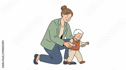 A caring mother helping her child take their first steps, a heartwarming scene for Mothers Day