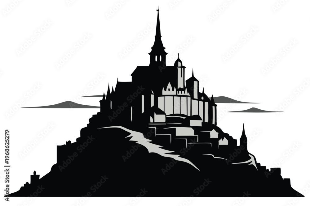 Naklejka premium mont saint michel silhouette line art vector illustration with a white background