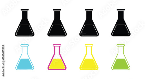 Four black and four colorful conical flasks arranged in two rows