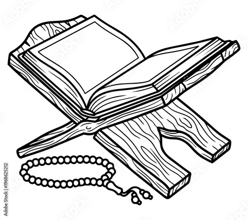 Open Quran on wooden rehal stand with prayer beads, Islamic outline coloring illustration