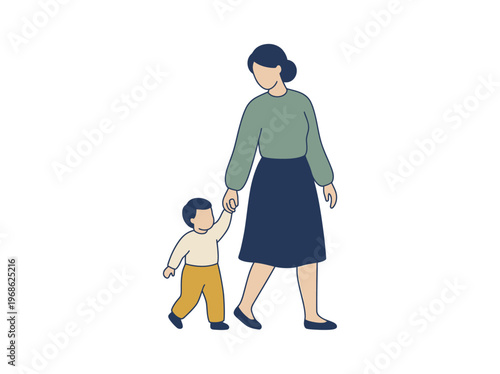 A loving mother and child walk hand-in-hand in this illustration, symbolizing their special bond. Perfect for mothers day, capturing family connection, care, and joyful parenthood