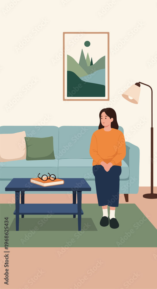Fototapeta premium A woman in an orange sweater sitting on a blue couch in a cozy living room
