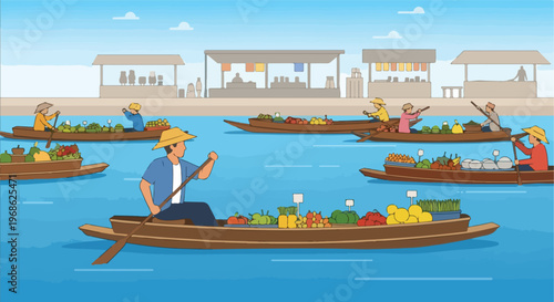 Illustration of people in wooden boats selling fresh produce at a floating market