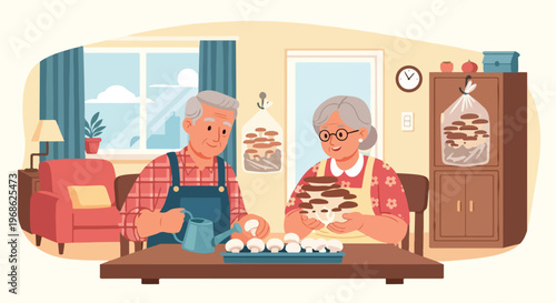 An elderly couple tends to homegrown mushrooms together inside a cozy living room
