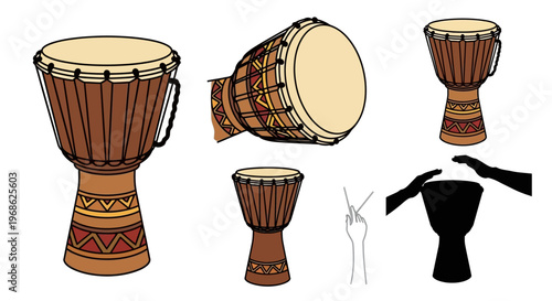 Djembe drums and drumsticks set.