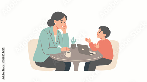 A thoughtful mother and child discuss life at a cafe, celebrating the spirit of mothers day with a warm conversation
