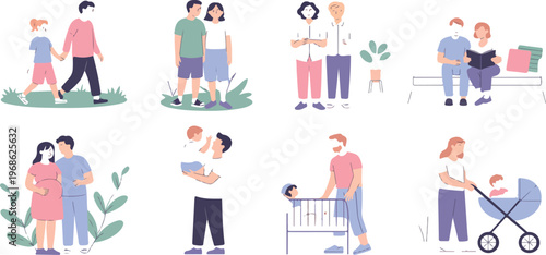 Parents and children vector set featuring young family, baby, pregnant mom, father with son, lifestyle and relationships illustration