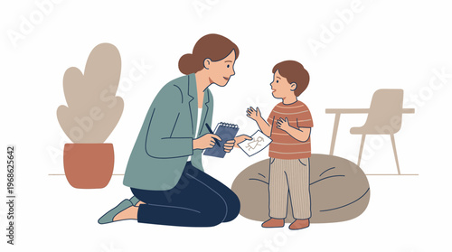 Mother and child in a domestic setting, learning together