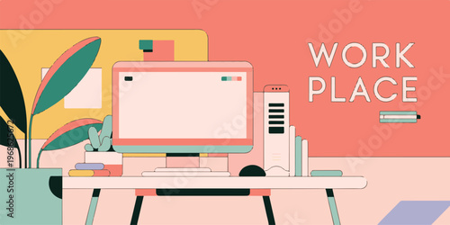 Workplace office background with computer monitor keyboard plant mouse stationary and flat modern style workspace desk setup art.