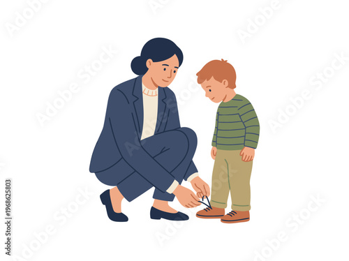 A caring mother lovingly ties her child's shoelace, symbolizing the daily acts of nurture and support celebrated on Mothers Day with heartfelt devotion