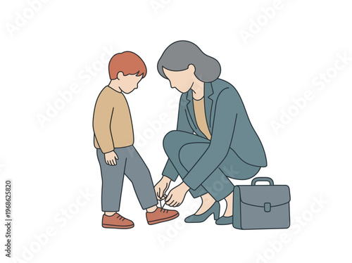 A caring mother dedicates a tender moment to her child, tying shoelaces before a busy day, embodying the unconditional love and support celebrated every mothers day