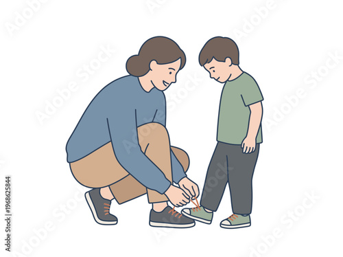 Heartfelt scene of a caring mother patiently helping her son tie his shoelaces, a tender everyday moment illustrating parental love and preparation for Mothers Day