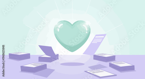 Heart Symbol Floating Above Paper Stacks, Love and Success Concept