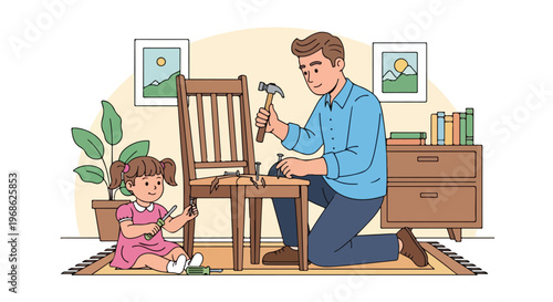 A man and a young girl working together to repair a wooden chair in a room