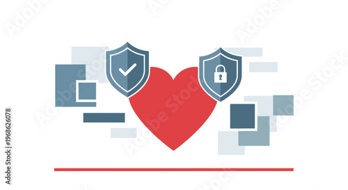 Heart Security and Safety Concept: Shield with Checkmark and Lock Icon