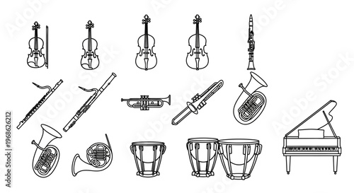 Various Musical Instruments Drawing Line Art.