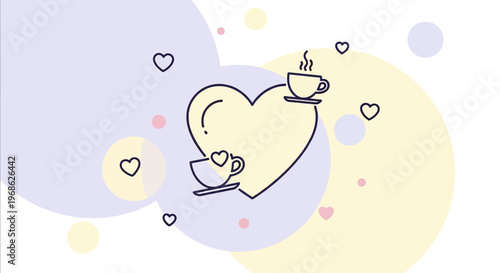 Heart Shape with Coffee Cups and Hearts - Love, Romance, Cafe, Beverage, Abstract Background