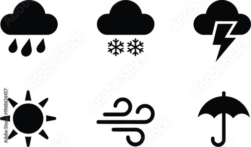 Weather forecast icon set, minimalist black and white vector icons featuring sun cloud rain snow storm wind and umbrella for weather apps and climate illustration.