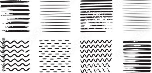 Hand drawn brush strokes and wavy lines set for texture creation and artistic backgrounds in grunge and minimalist styles pack.
