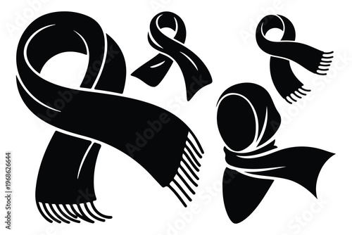 Black scarves in various poses on white background