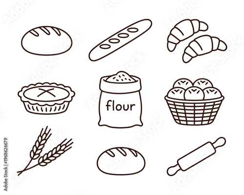 Bakery product line art icons including bread loaf baguette croissant pie flour bag wheat and basket for pastry shop branding.