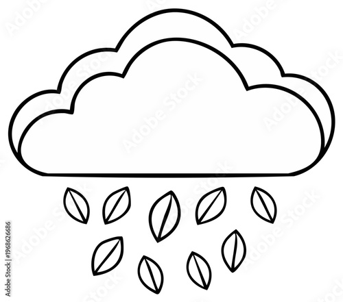Line art illustration of a cloud shedding leaves. Simple weather concept with foliage instead of rain in black and white.