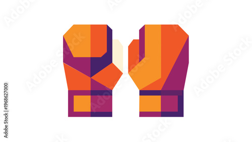 Minimalist geometric boxing gloves vector illustration icon for sports and fitness branding, featuring a flat design with vibrant orange and purple colors, ideal for gym logos and combat apps.
