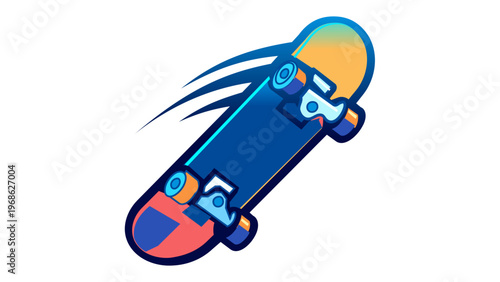 Vibrant blue and yellow gradient skateboard vector icon with dynamic motion lines representing speed and extreme sports. This minimalist flat illustration is a scalable AI-generated graphic.