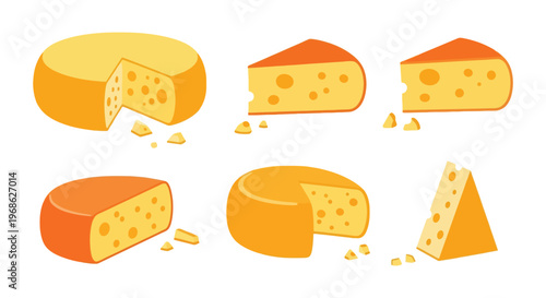 Illustrative depiction of various cheese forms including a whole wheel wedges and chunks in a bright style silhouette high quality professional