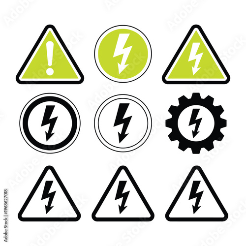 Free Download High voltage warning signs: various lightning bolt icons in triangles and circles, some with exclamation marks or gears. - GFXLoad