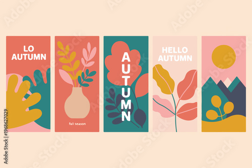 Autumn season greeting cards collection with abstract shapes leaves and plants in warm colors vector.