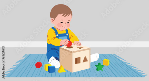A small baby in blue overalls playing with a wooden geometric shape sorting box