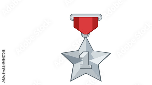 Silver First Place Star Medal Vector Icon Illustration with Red Ribbon and Number One, Flat Minimalist Design for Sports Achievement, Competition Victory, and Success, Scalable AI-Generated Art