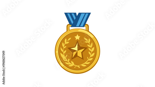 Gold medal vector icon illustration featuring a blue ribbon, central star, and laurel wreath. Perfect for sports achievement, fitness success, competition winner, first place award, and victory.