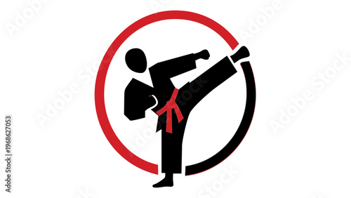 Martial arts vector icon illustration featuring a black silhouette of a karate or taekwondo fighter performing a high kick inside a red and black circular frame, ideal for sports and fitness.
