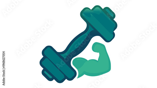 Green dumbbell and flexing bicep arm vector icon illustration for fitness, gym, bodybuilding, weightlifting, and strength training. Scalable flat minimalist design for health and workout apps.