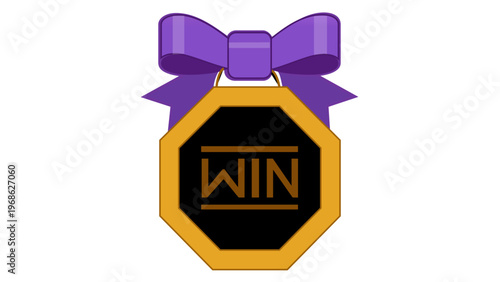 Gold octagonal win medal vector icon with purple ribbon bow. Achievement award illustration for sports and fitness tracking apps. Flat minimalist design, scalable AI-generated graphic element.