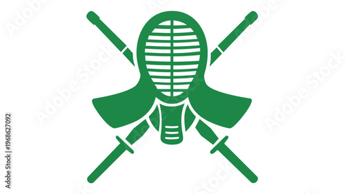 Green Kendo Men Mask and Crossed Shinai Bamboo Swords Vector Icon Illustration, Minimalist Flat Design for Japanese Martial Arts, Combat Sports, and Traditional Fencing, Scalable AI-Generated Graphic